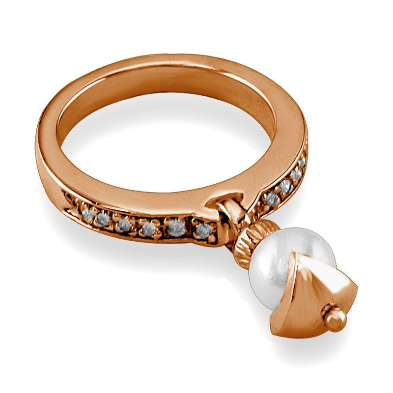 Dangling Pearl Charm Ring with Diamonds, 6.5mm Pearl, 0.15CT in 14K Pink Gold