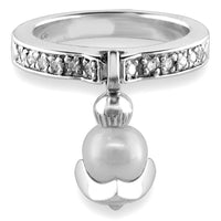 Dangling Pearl Charm Ring with Diamonds, 6.5mm Pearl, 0.15CT in 18K White Gold
