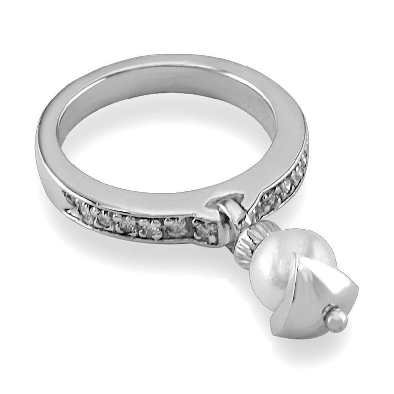 Dangling Pearl Charm Ring with Diamonds, 6.5mm Pearl, 0.15CT in 18K White Gold