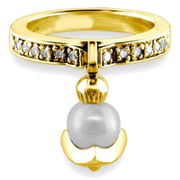 Dangling Pearl Charm Ring with Diamonds, 6.5mm Pearl, 0.15CT in 18K Yellow Gold