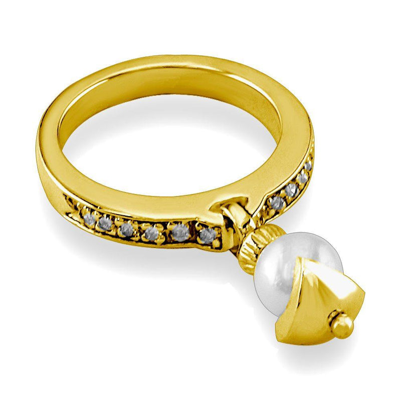 Dangling Pearl Charm Ring with Diamonds, 6.5mm Pearl, 0.15CT in 14K Yellow Gold
