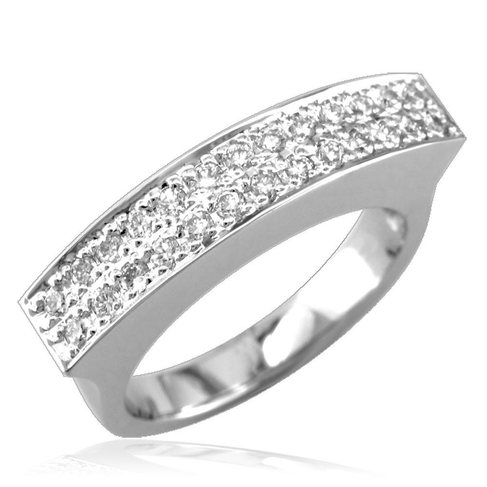 Wide Rectangular Top Ring with 2 Diamond Rows in 14K White Gold