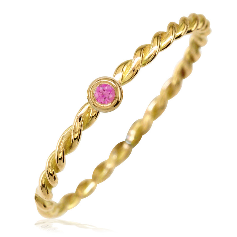 Thin Pink Sapphire Rope Ring in 14K Yellow Gold