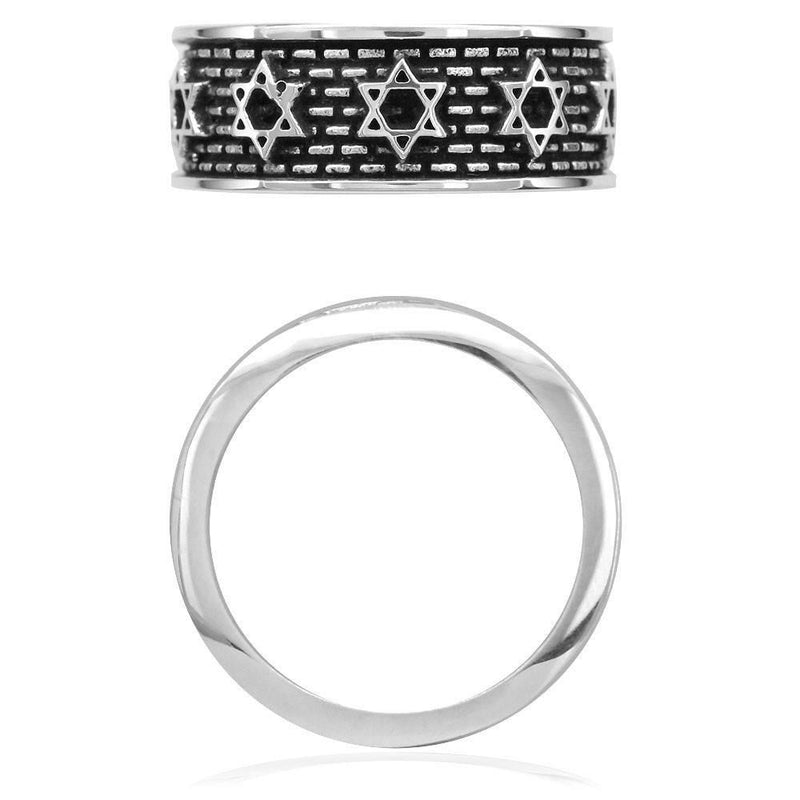 Jewish Star Of David and Brick Wall Ring in Sterling Silver with Black