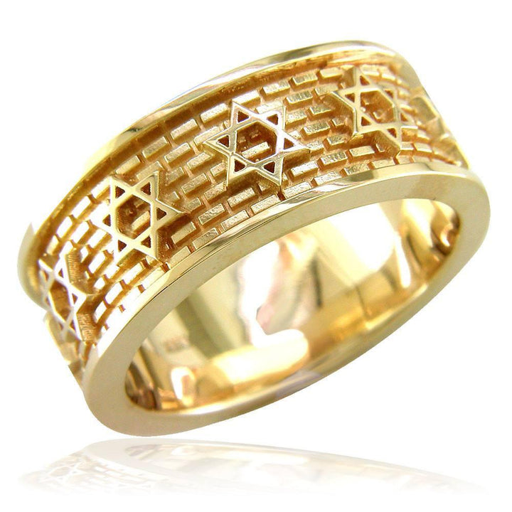 Jewish Star Of David and Brick Wall Ring in 14K Yellow Gold