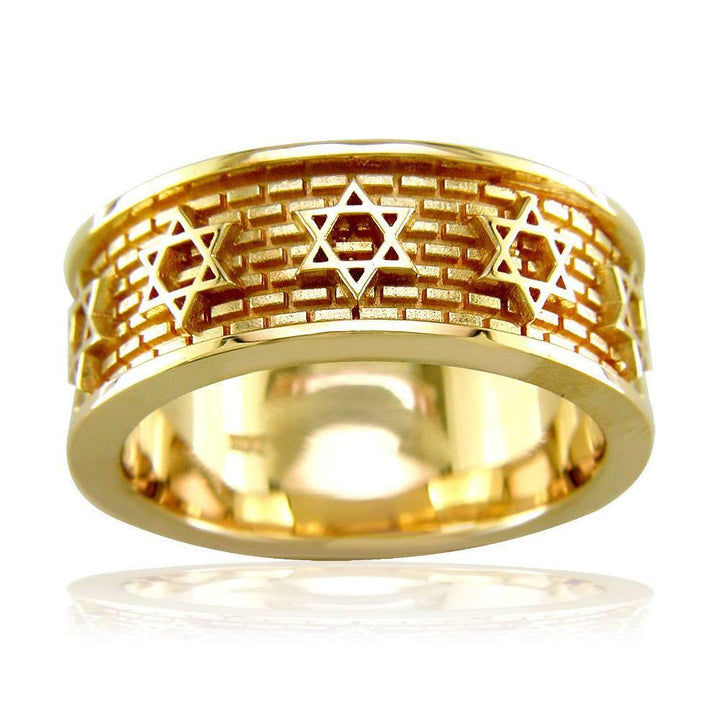 Jewish Star Of David and Brick Wall Ring in 14K Yellow Gold