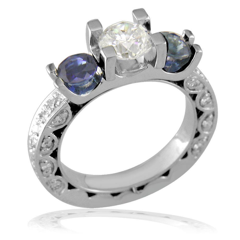 Three Stone Round Diamond and Sapphire Engagement Ring Setting in 14K White Gold