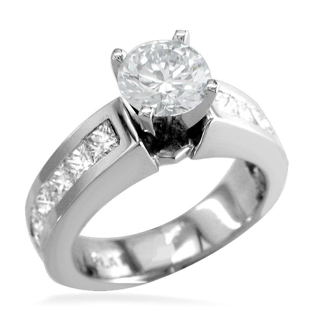 Round Diamond Engagement Ring Setting in 14K White Gold, 0.80CT Total Princess Cut Sides