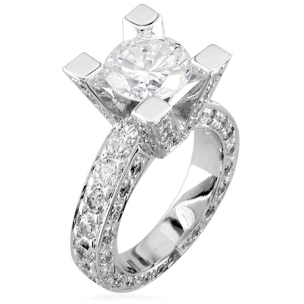 Round Diamond Engagement Ring Setting in 14K White Gold, 1.5CT Total Sides