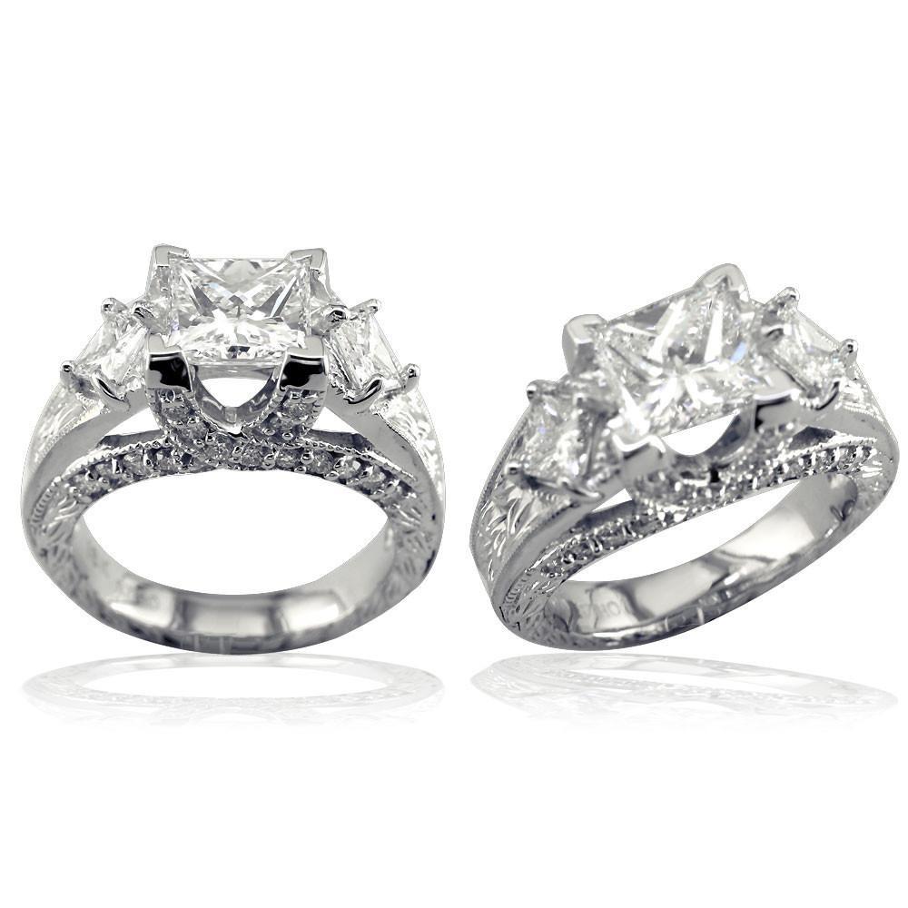 Three Stone Princess Cut Diamonds Anniversary Ring Setting, 1.10CT in 14k White Gold