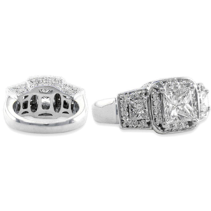 Three Stone Halo Princess Cut Diamonds Anniversary Ring Setting, 1.75CT in 14k White Gold