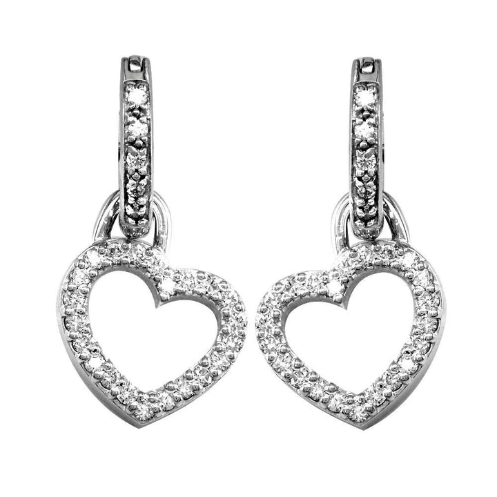 Large Diamond Heart Drop Earrings On Hoops, 1.03CT in 14k White Gold