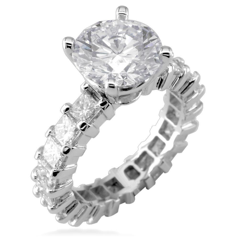 Round Diamond Engagement Ring Setting in 14K White Gold, 2.5CT Total Princess Cut Sides