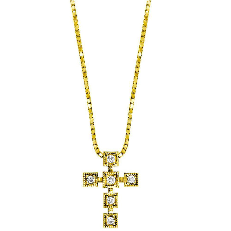 Small Square Diamond Cross and Chain in 14K Yellow Gold,18"