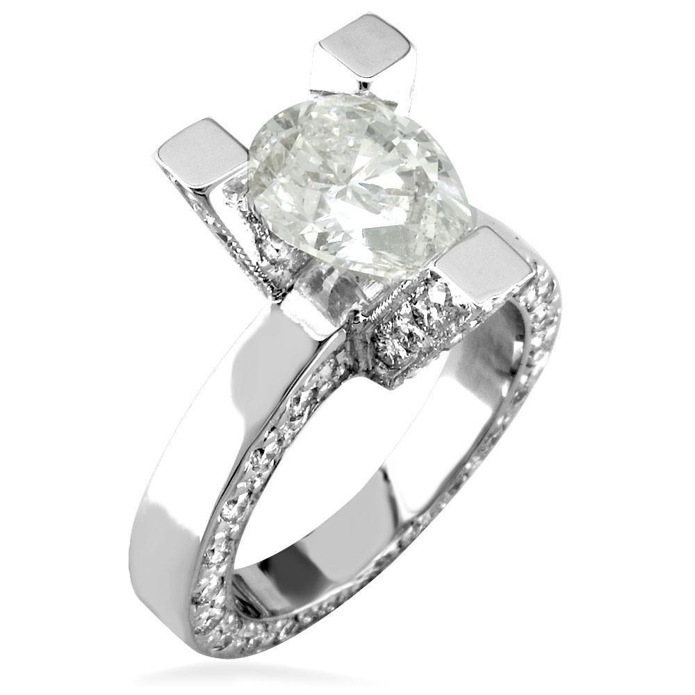 Pear Shape Diamond Engagement Ring Setting in 14K White Gold, 1.5CT Total Sides