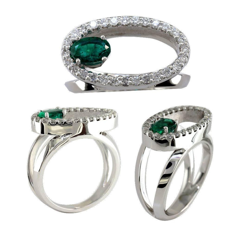 Large 14K Gold Open Oval Diamond and Emerald Halo Ring with Split Sides