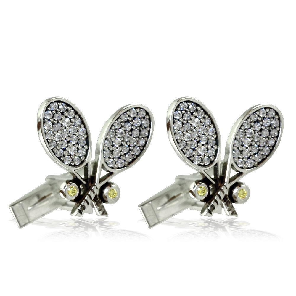 Cubic Zirconia Tennis Racket Cufflinks in Sterling Silver