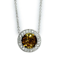 Diamond Circle Pendant and Chain with Whiskey Quartz Center in 18K Gold
