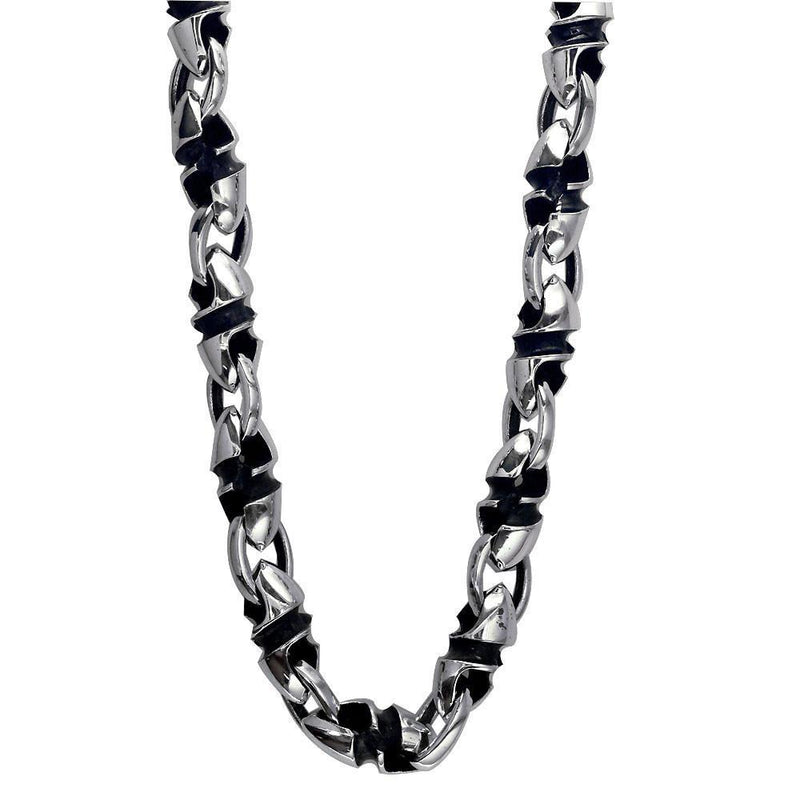 Mens Large Twisted Bullet Link Chain in Sterling Silver with Black
