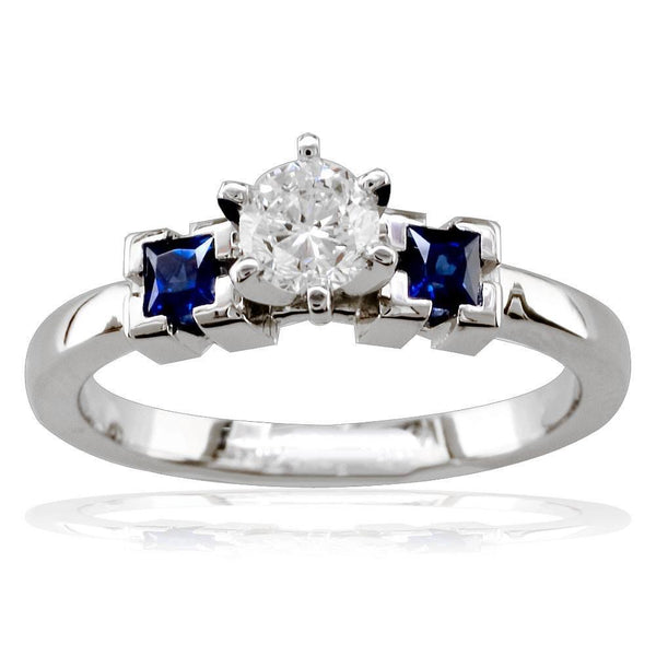 Complete Round Diamond and Sapphire Engagement Ring in 14K White Gold, 0.30CT Center
