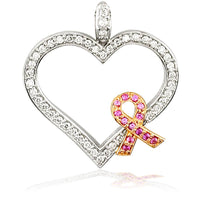 Large Diamond and Pink Sapphire Breast Cancer Awareness Ribbon and Heart in 18K