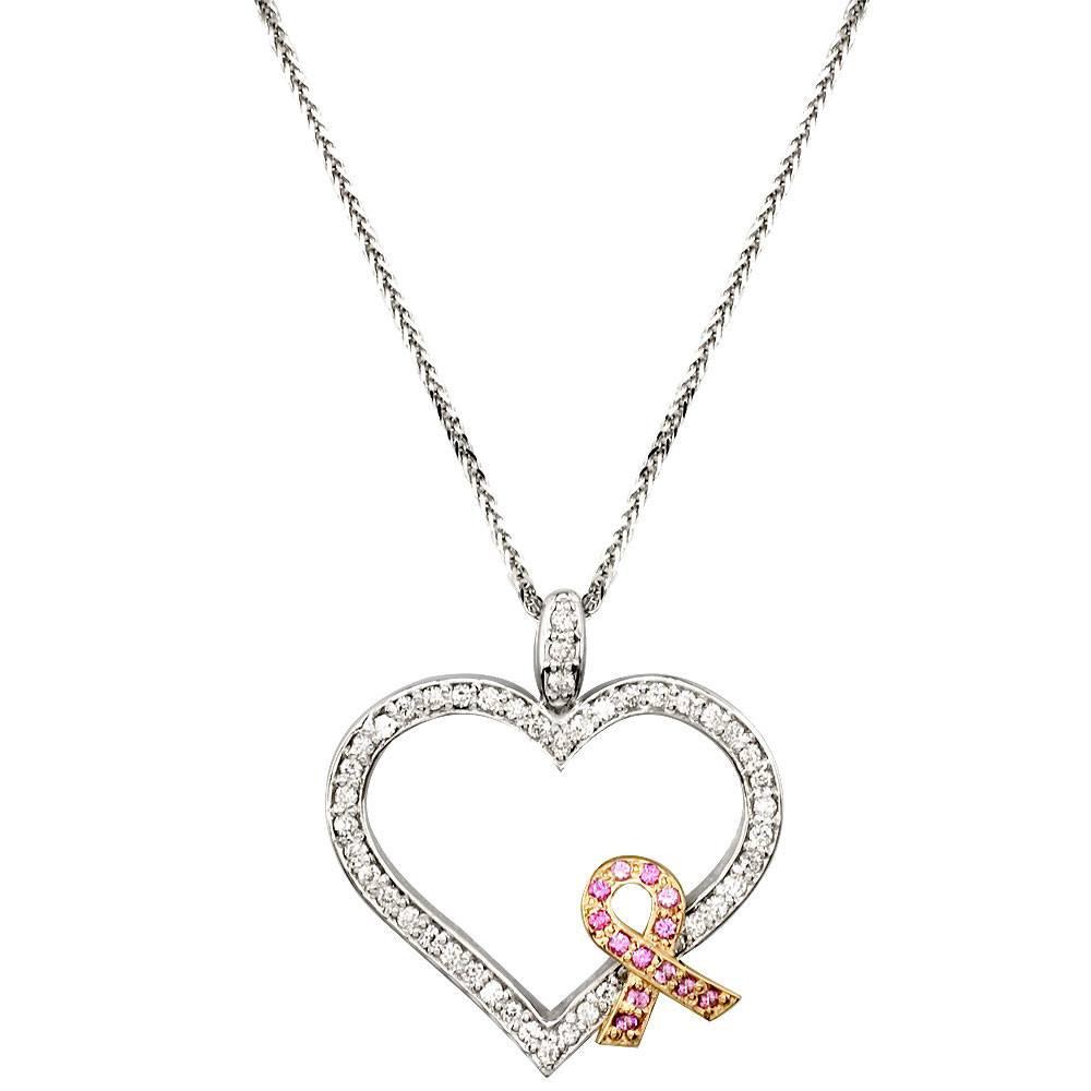 Medium Diamond and Pink Sapphire Breast Cancer Awareness Ribbon and Heart in 14K