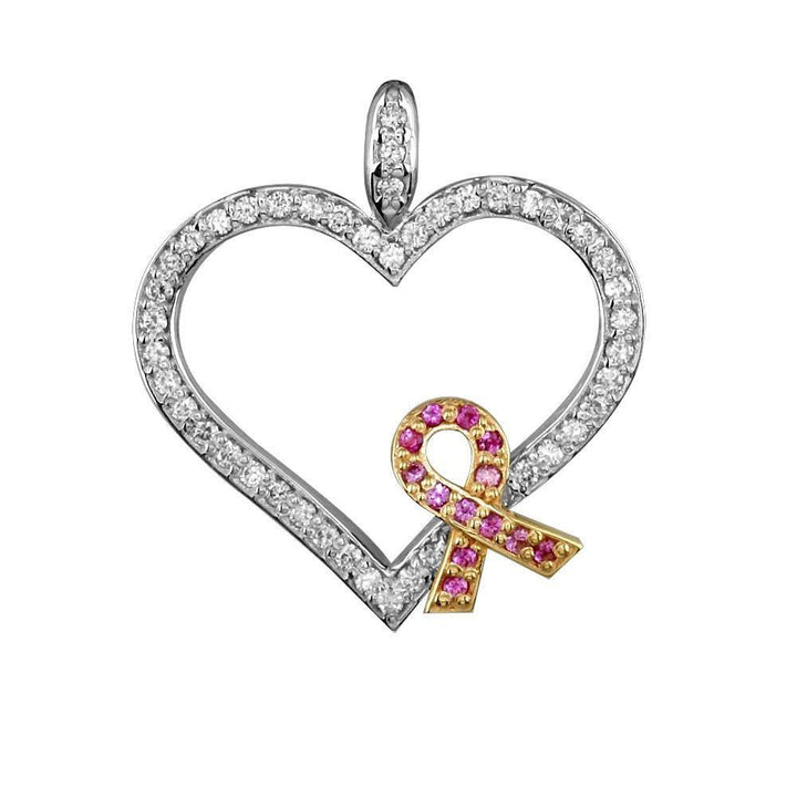 Medium Diamond and Pink Sapphire Breast Cancer Awareness Ribbon and Heart in 14K