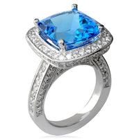 Large Checkerboard Cut Blue Topaz and Diamond Ring in 18K