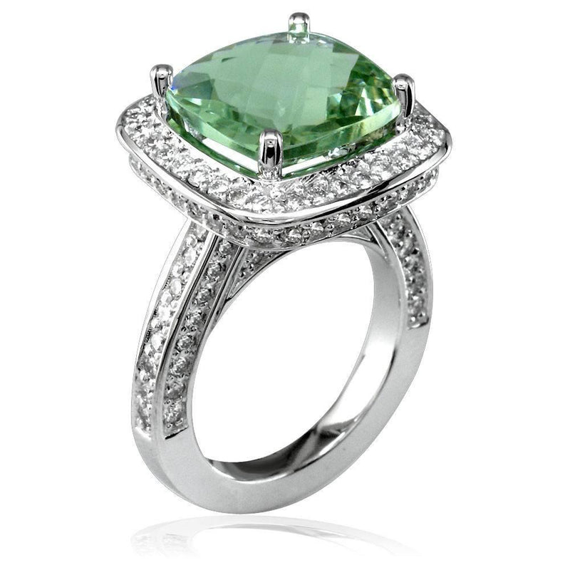 Large Checkerboard Cut Green Amethyst and Diamond Ring in 18K