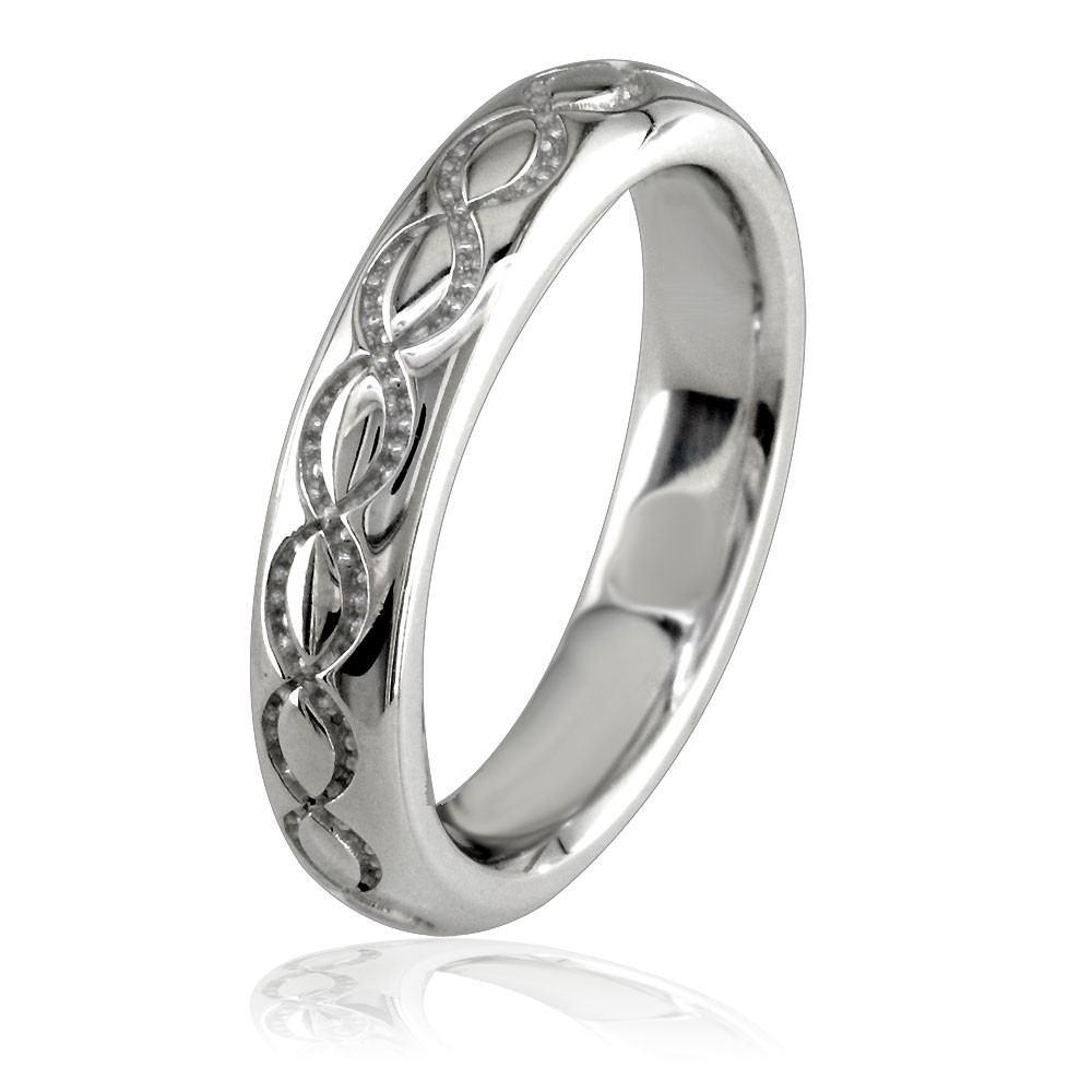Domed Wedding Ring Carved with Infinity Symbols, 4mm in 14K White Gold