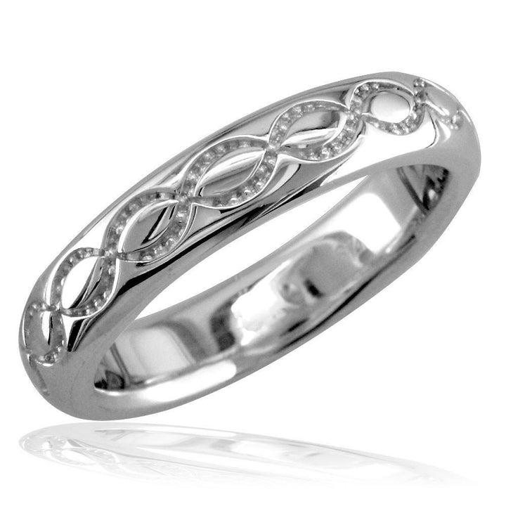 Domed Wedding Ring Carved with Infinity Symbols, 4mm in 14K White Gold