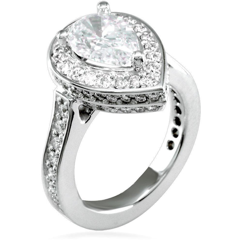 Pear Shape Diamond Halo Engagement Ring Setting in 18K White Gold, 1.24CT