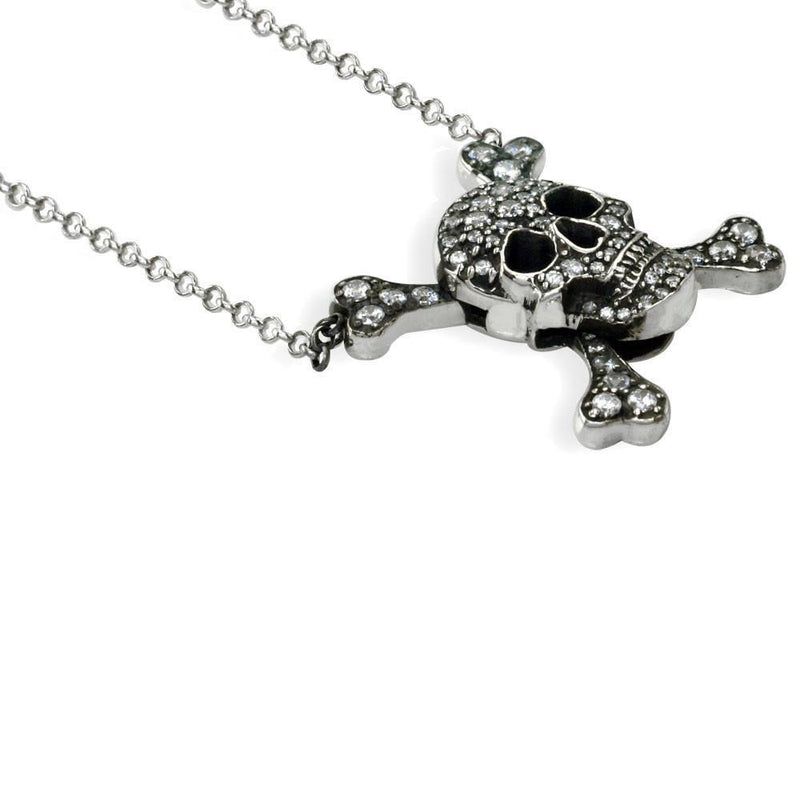 Large Sterling Silver Cubic Zirconia Jolly Roger Skull and Crossbones Necklace