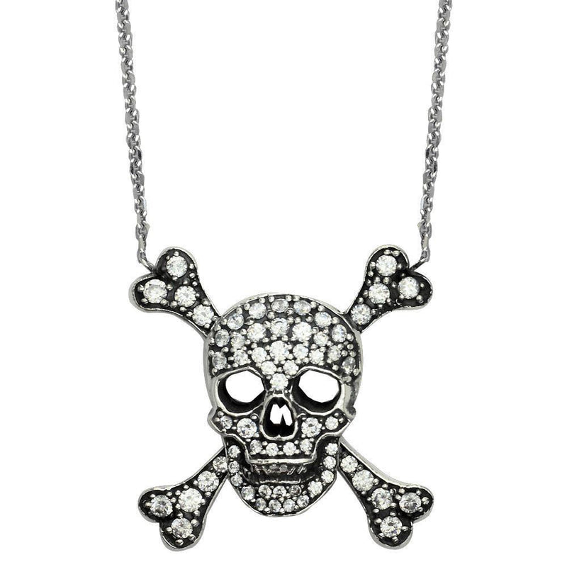 Large Sterling Silver Cubic Zirconia Jolly Roger Skull and Crossbones Necklace