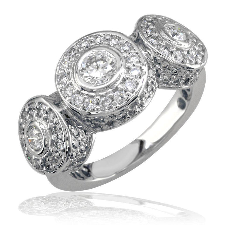 3 Stone Diamond Bezel Ring with Diamonds On Sides and Top in 18K