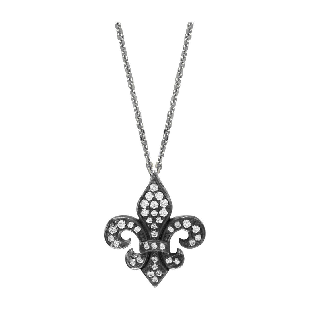 Small Fleur De Lis Pendant and Chain with Black Finish and Cubic Zirconias in Sterling Silver
