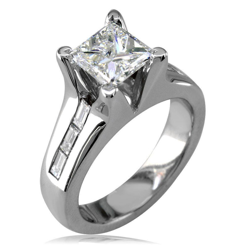 Diamond Engagement Ring Setting with Baguette Diamond Side Stones in 18K White Gold