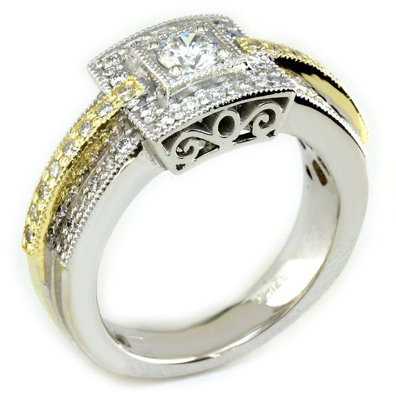 3 Row Vintage-Look Diamond Ring with Diamond Center in 18K Two-Tone