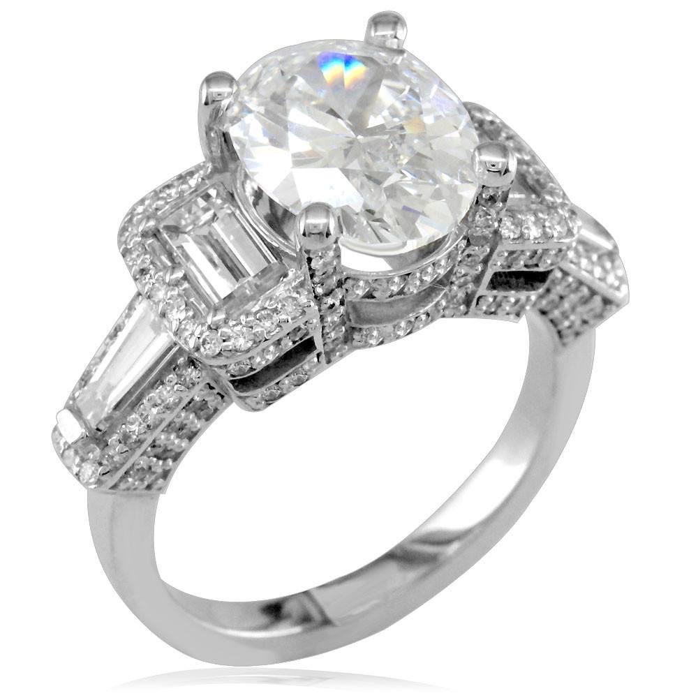 Oval Diamond Engagement Ring Setting with Baguettes in 14K White Gold