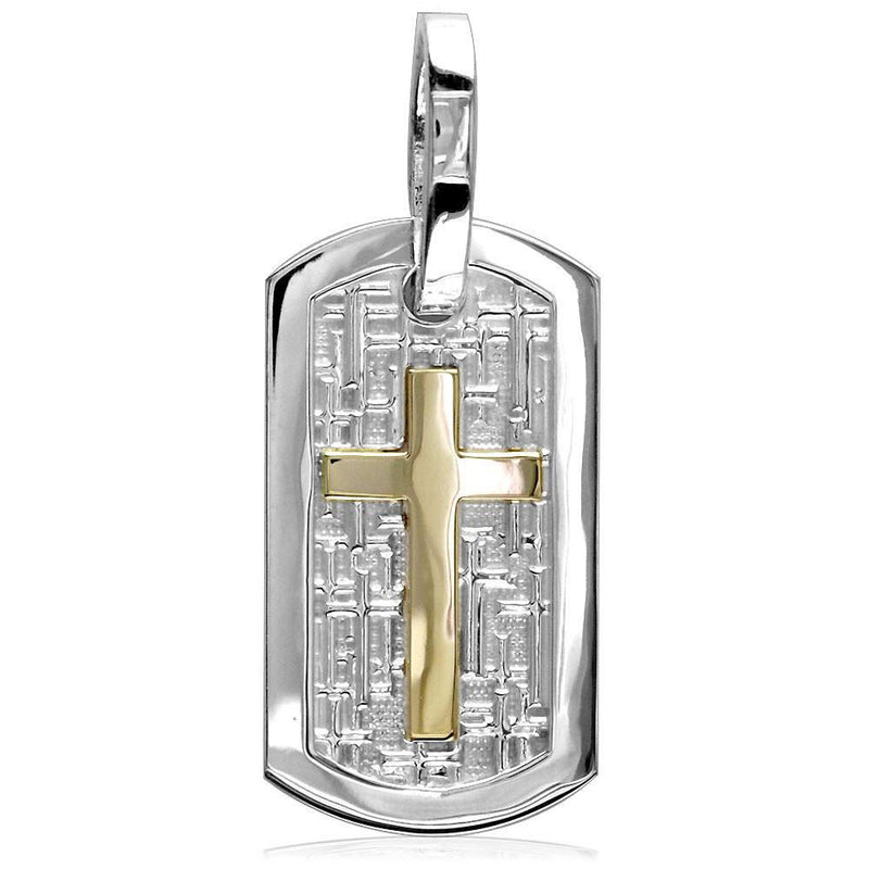 Large Cross Dog Tag Pendant with Crosses Background in Sterling Silver and 14k Yellow Gold