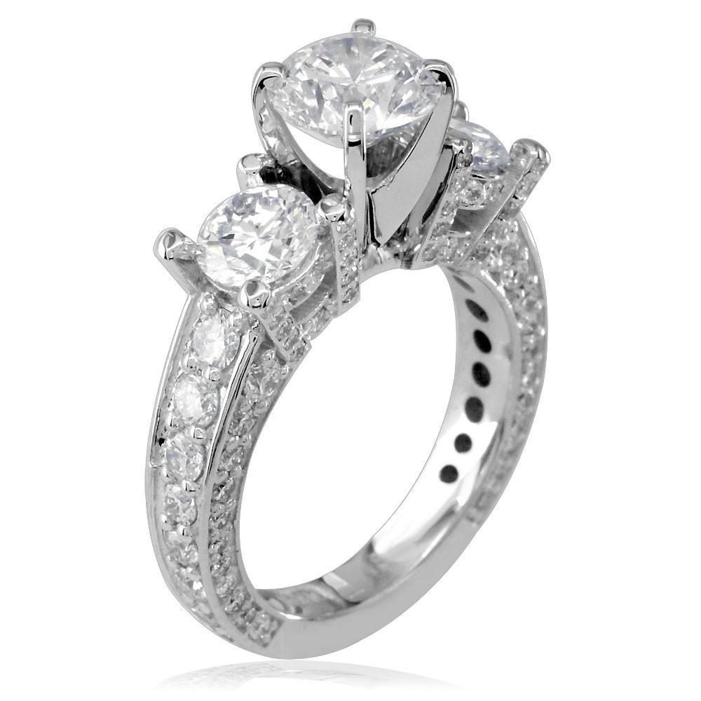 Three Stone Round Diamonds Engagement Ring Setting, 3CT Total Sides in 14k White Gold