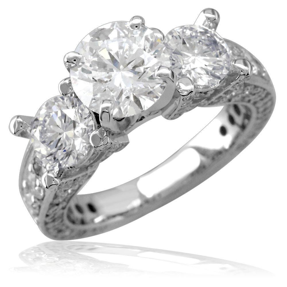Three Stone Round Diamonds Engagement Ring Setting, 3CT Total Sides in 14k White Gold