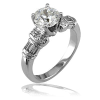 Diamond Engagement Ring Setting with Round and Baguette Diamond Side Stones, 0.59CT in 14K White Gold