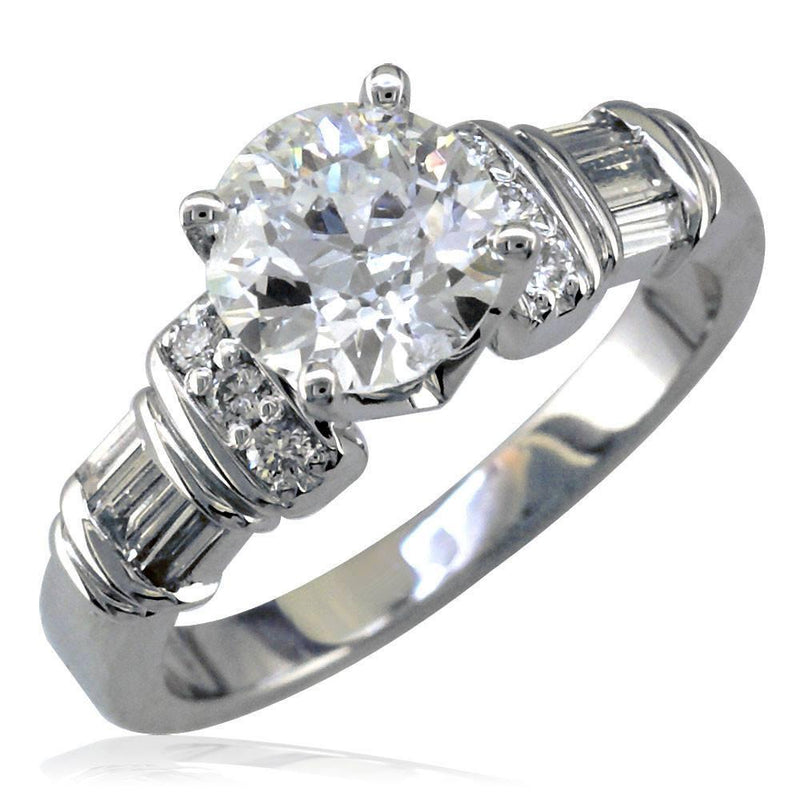 Diamond Engagement Ring Setting with Round and Baguette Diamond Side Stones, 0.59CT in 14K White Gold