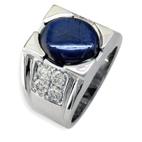 Mens Large Blue Star Sapphire and Diamond Ring in 14K