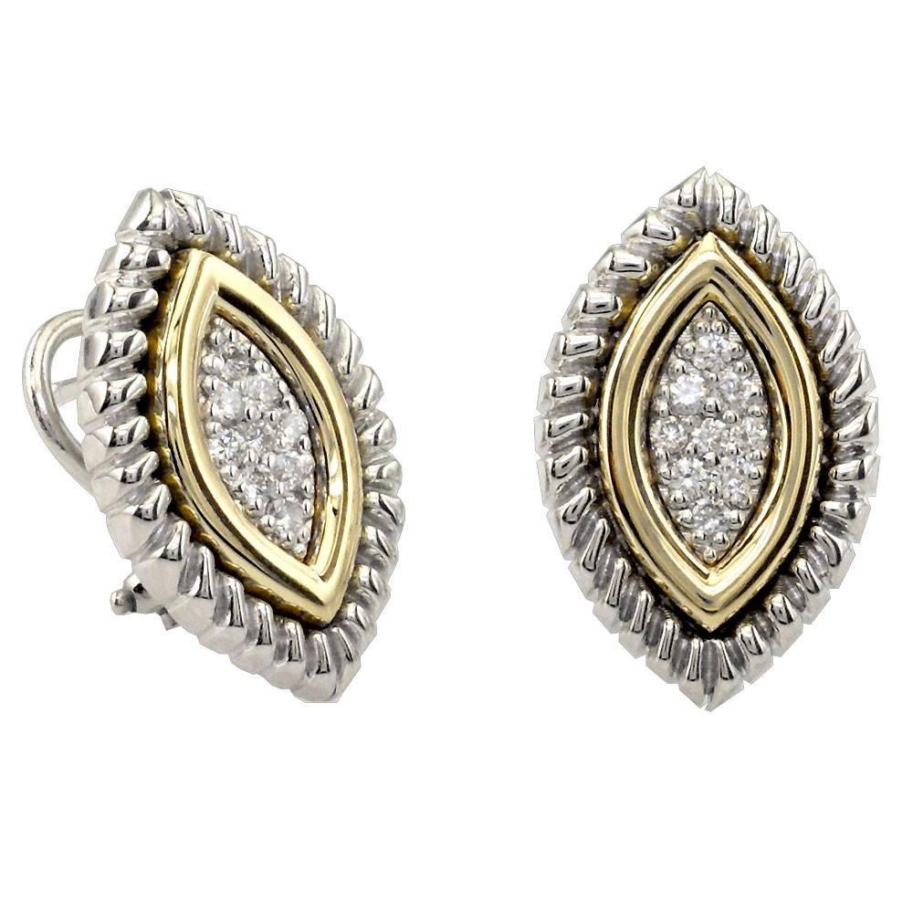 Two Tone Marquise Shape Diamond Earrings with Round Diamonds and Rope Border