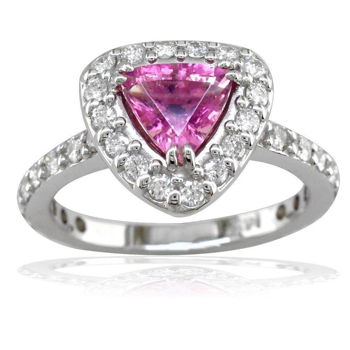 Trillion Pink Tourmaline and Diamond Halo Ring in 14K White Gold