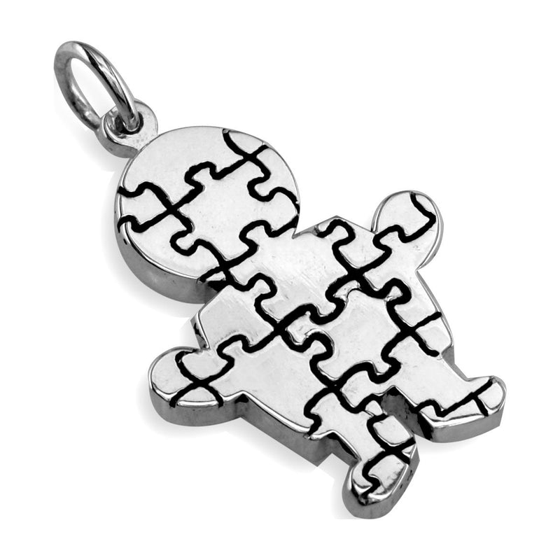 Large Autism Awareness Puzzle Boy Charm in Sterling Silver