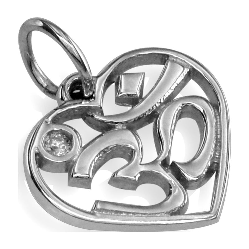 Mini Heart Yoga Ohm, Om, Aum Charm in Sterling Silver with Cubic Zirconia Accent