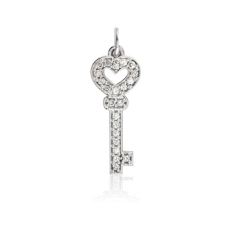 Small Diamond Heart Key Pendant in 14K White Gold 7/8 Inch
